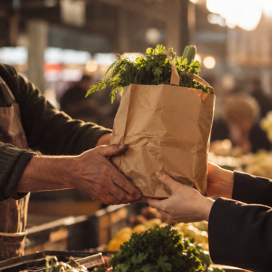 Продавец передаёт собранный бумажный пакет с продуктами